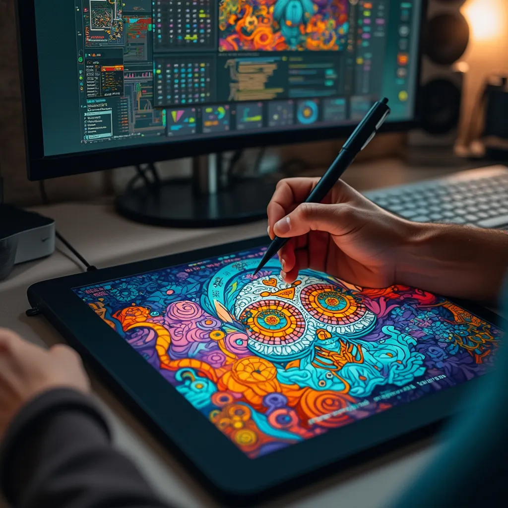 Estudiante creando arte digital en una tableta gráfica.