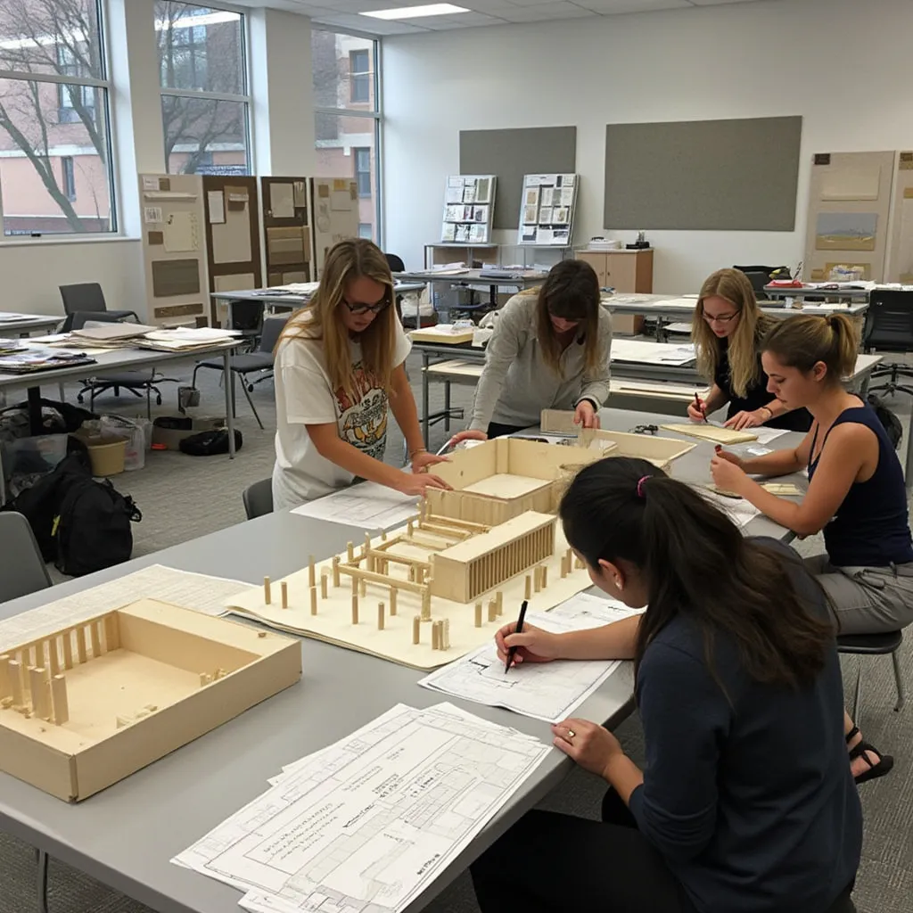 Clase de diseño de interiores con estudiantes trabajando en maquetas.