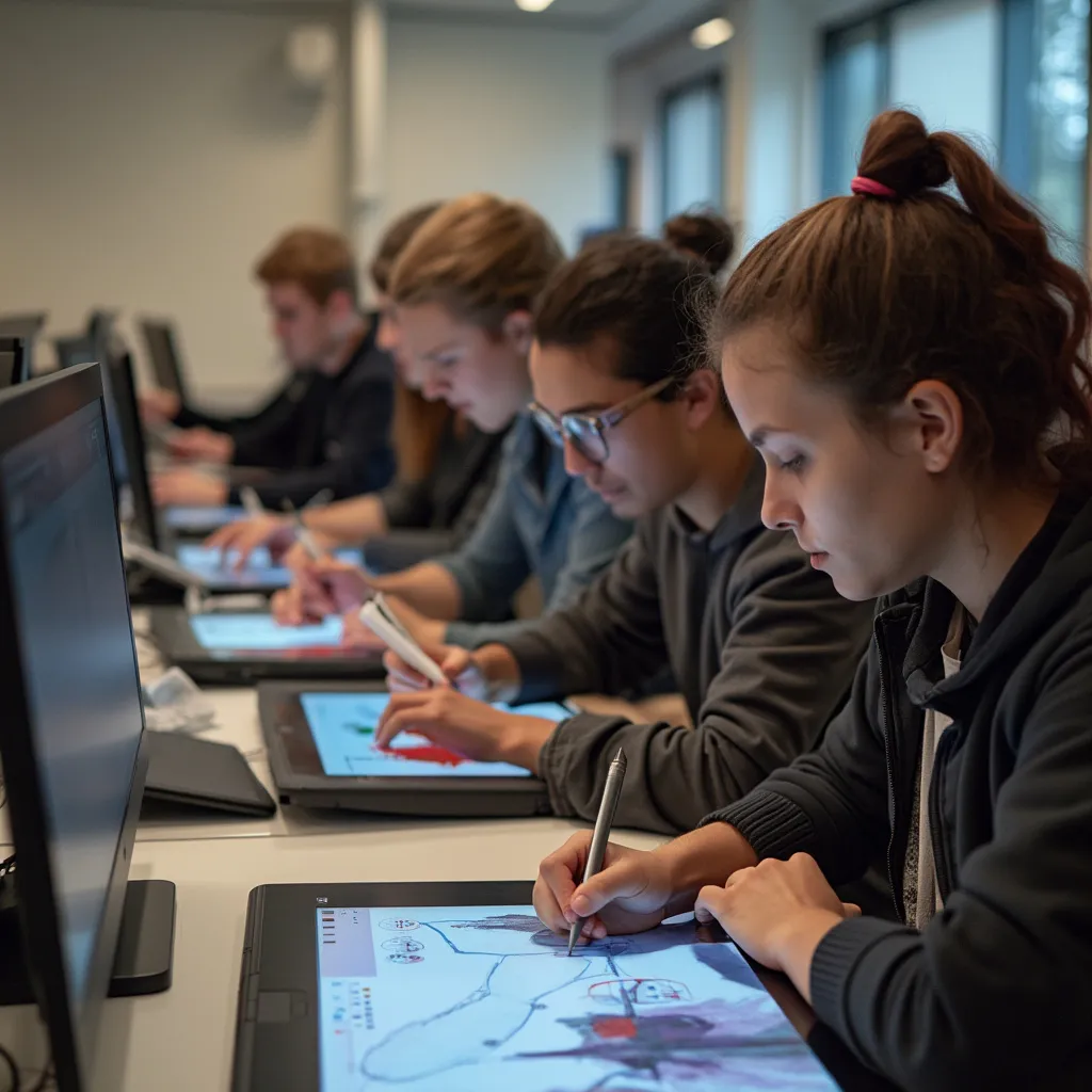 Estudiantes participando activamente en un taller de diseño gráfico.